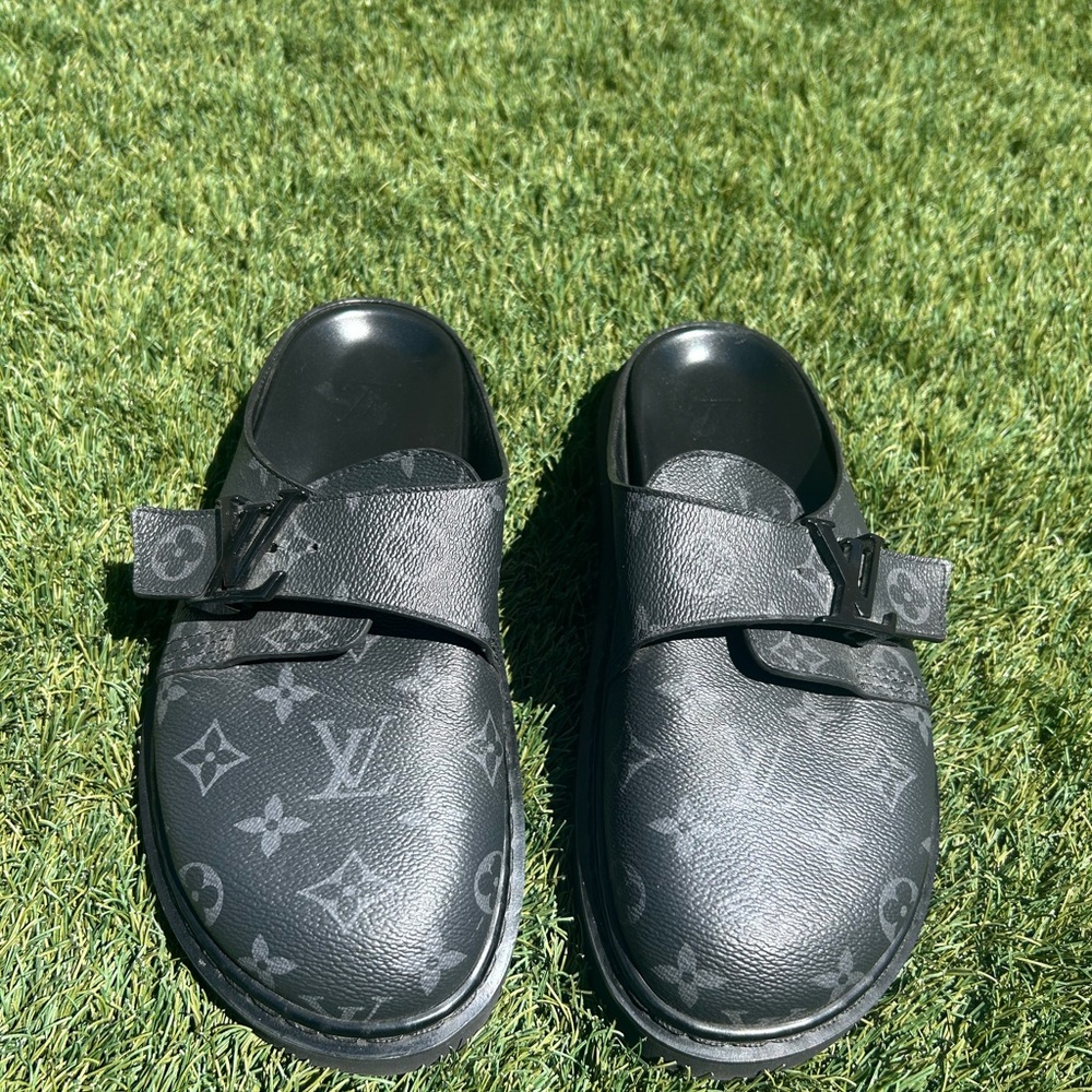 Rare and Limited Edition Louis Vuitton Mens Black Monogram Slip-On Clogs
